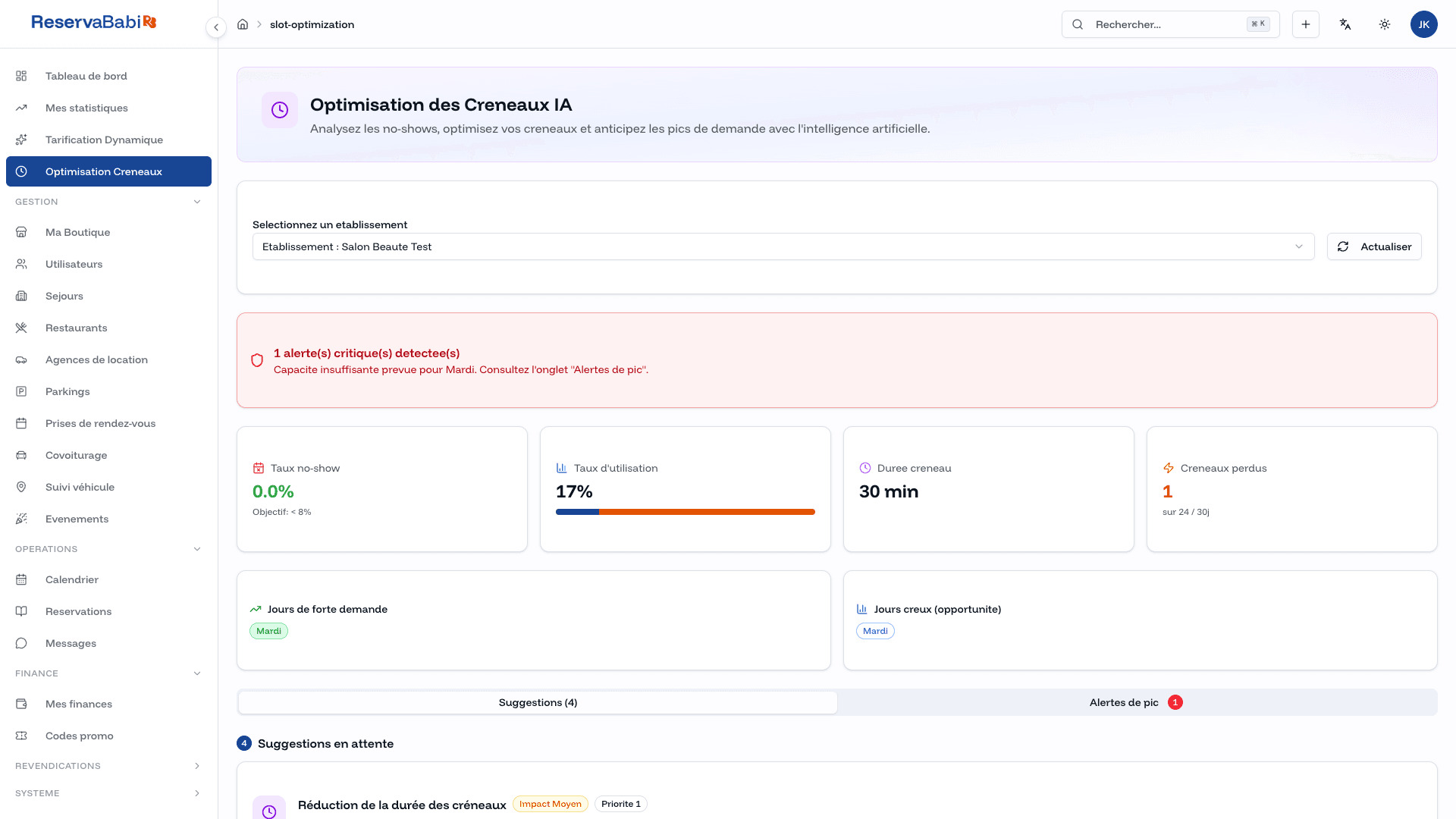 Optimisation des créneaux IA ReservaBabi