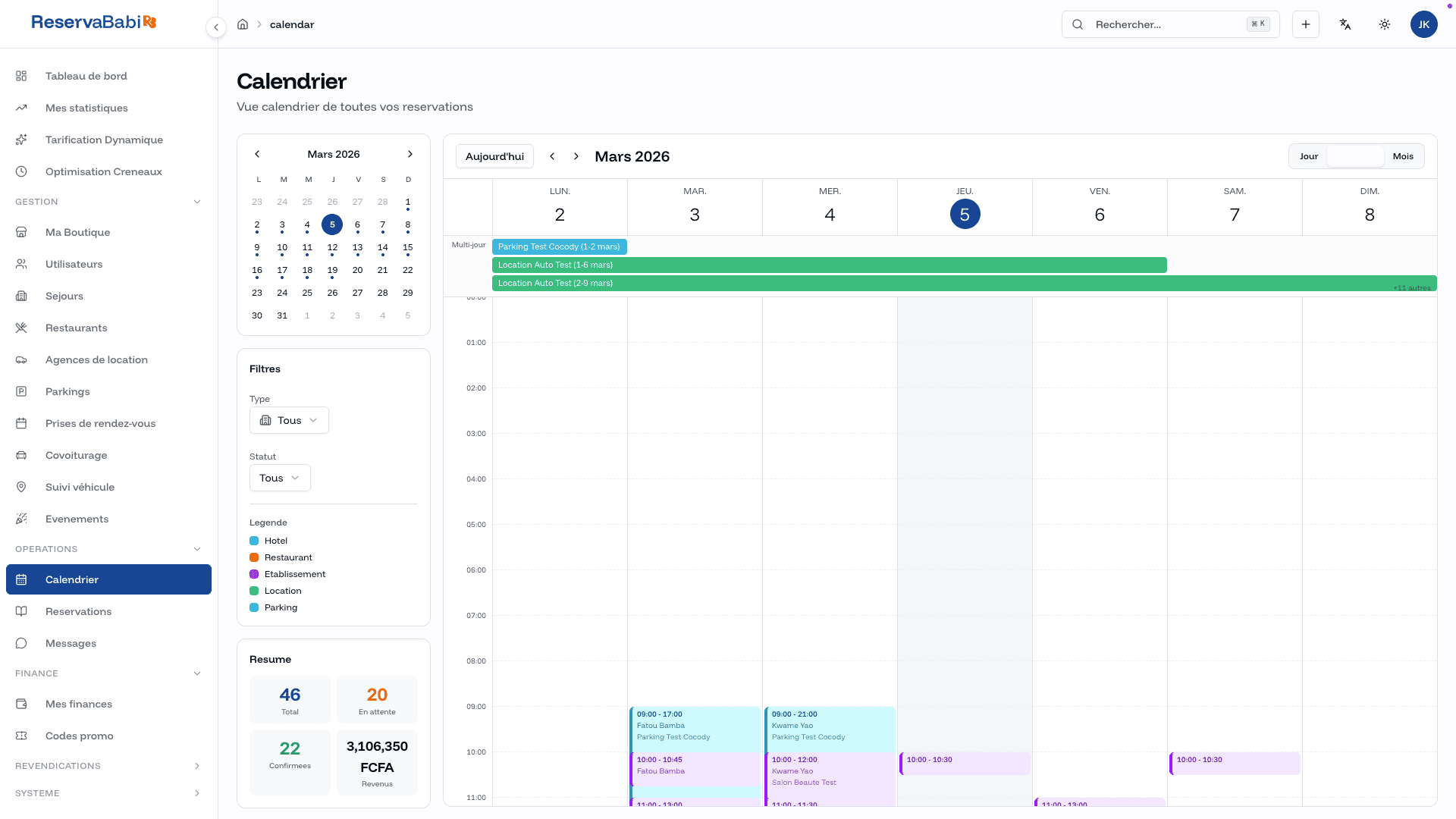 Calendrier de réservations ReservaBabi